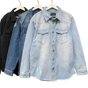 Men's Distressed Denim Shirt Heavyweight Cotton Jean Shirts