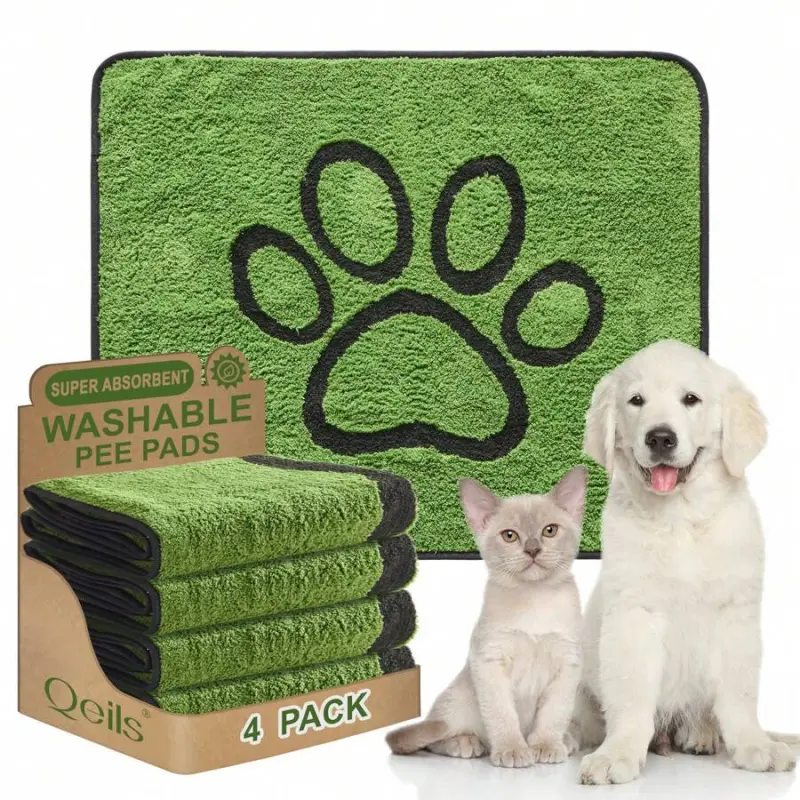 2-Pack Cute Dog Mats - Long-Hair Fabric, Green Animal Print, Leakproof Core, Moisture-Absorbing, Clean Reusable Pet Potty Training Pads for Floor Protection