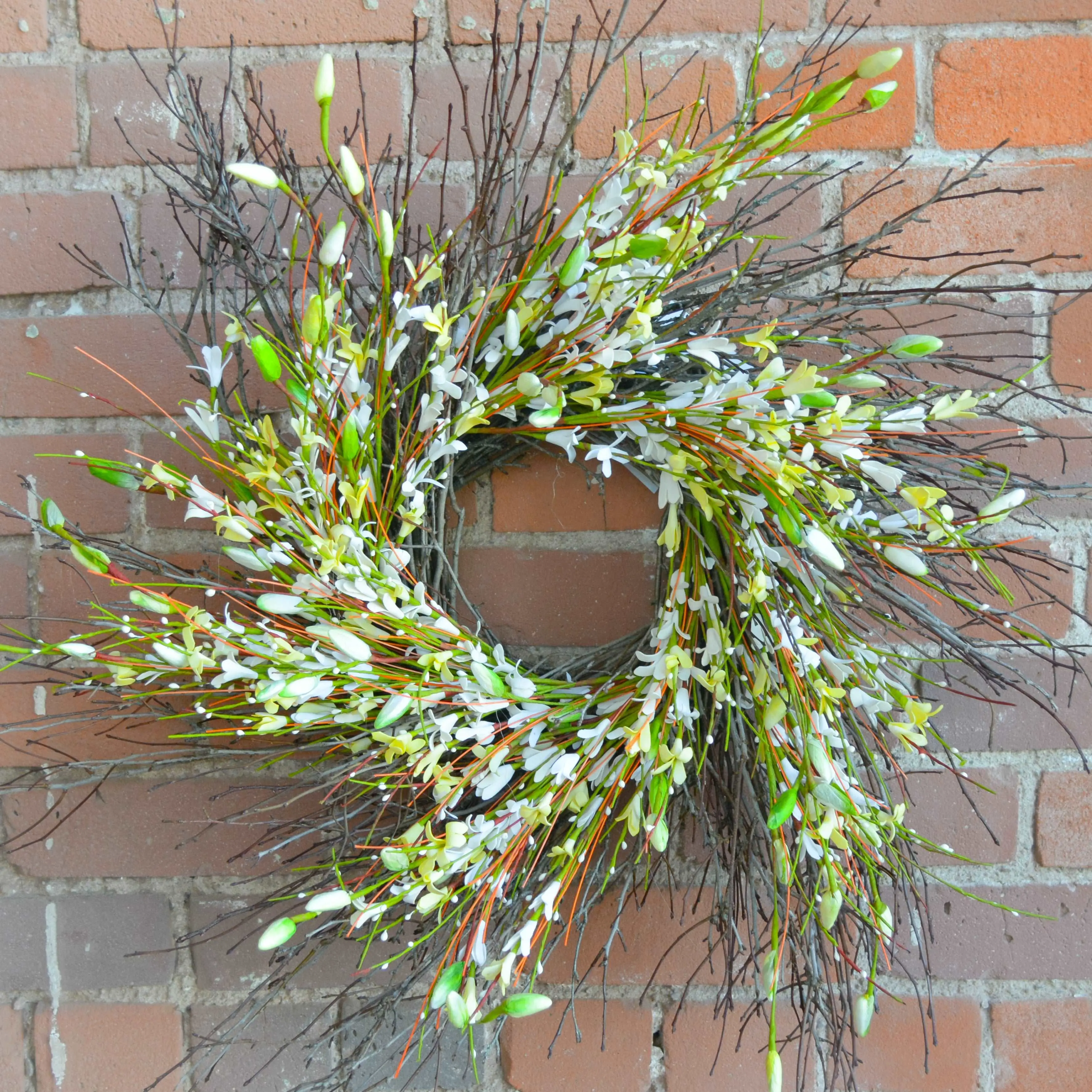 Crafted In the USA. 24" White Forsythia Bud Twig Wreath