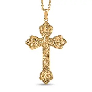 Eternal Faith Cross Pendant in 18K Yellow Gold Plated Bronze with ION Plated Yellow Gold Stainless Steel Necklace 20 Inches