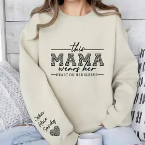 Custom Mama Sweatshirt With Kids Names On Sleeve, This Mama Wears Her Heart On Her Sleeve, Mom Crewneck Sweater, Mothers Day Gift for Mom