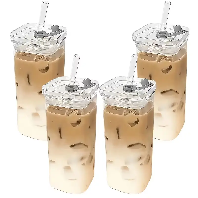 Square Glass Tumbler 4 Pack, High Borosilicate Glass Iced Coffee Cups with Lids, Reusable Glass Straws and Cleaning Brushes, Clear Drinking Cups for Juice Milk Tea Beverages