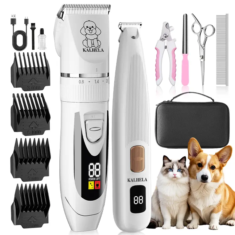 Ceenwes Rechargeable Dog Grooming Clippers Kit - Low Noise Cordless ABS Plastic Groomer with Charger, Batteries, Comb Guides, Scissors, Universal for Dogs & Rabbits, Precise Detailed Trimming, Freedom of Movement (Gold)