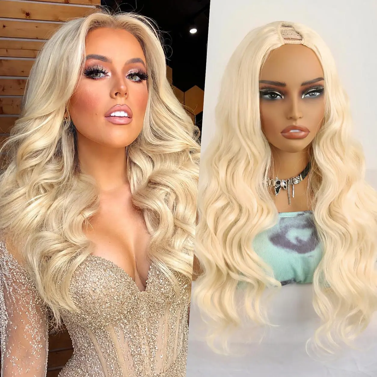 V Part Wig Long 613 Body Wavy Wigs Upgrade U Part Synthetic Hair for Black Women 26Inch Light Blonde Head Clip In Hair Glueless Natural Wavy Women Natural Looking For Daily Use Body Wave Wig