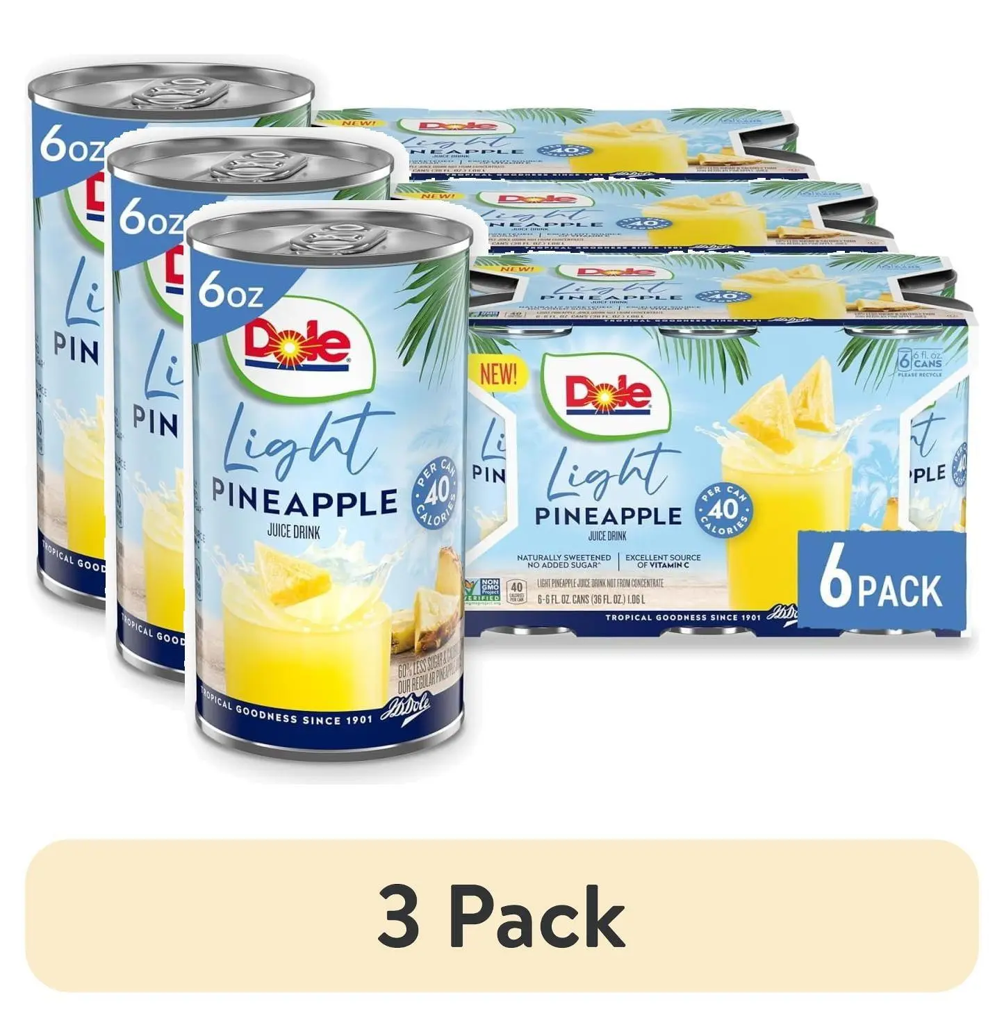 (3 pack)Hot selling quality,Dole Light Pineapple Juice Drink, 6 fl oz Can