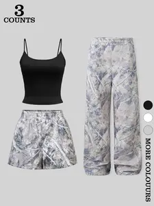 Women's 3-Piece Pajama Sleepwear Set with Spaghetti Strap Top, Tree Branch Shorts and Pants, Fashionable Versatile Style, All-Season Wear, Casual Fit