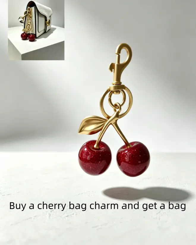Cherry-Shaped Keychain/Bag Charm, FeaturingGold-Toned Red Cherries [Wallet Included], Vintage Chic, Daily Use Bags, Adjustable Strap
