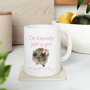 Ceramic Coffee Mug with Sad Hamster Design, "I'm Just a Girl" Print, Reusable, BPA-Free, Machine Washable, Multipurpose Cup for Home Use, Ideal Gift for Halloween/Christmas