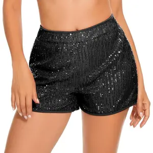 Womens Sequin Shorts Elastic High Waisted Sparkly Straight Legs Shorts Glitter Sparkle Party Shorts