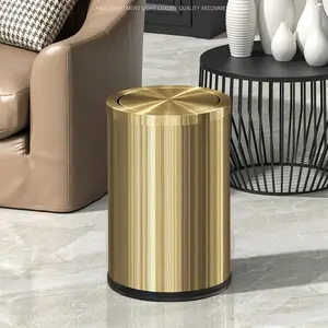 9 Liter / 2.4 Gallon Small Trash Can With Swing Lid | Gold Metal Stainless Steel Garbage Bin | Compact Modern Wastebasket For Bathroom Bedroom Office Living Room | Brass Finish Durable Trash Bin | Space Saving Home Organization Essential