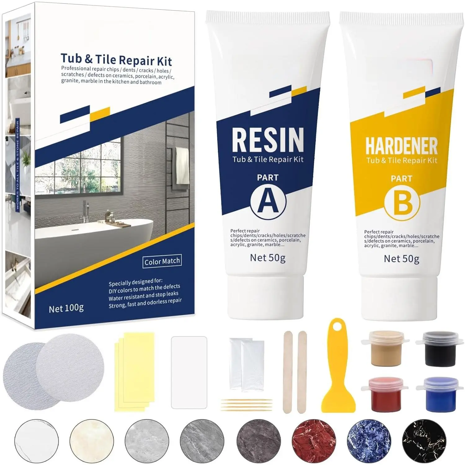 Tub, Tile and Shower Repair Kit (Color Match),  Porcelain Repair Kit, Bathtub Repair Kit for Chips  Cracks Holes Scratchs, etc. Fiberglass Repair Set - Offer  Color Options