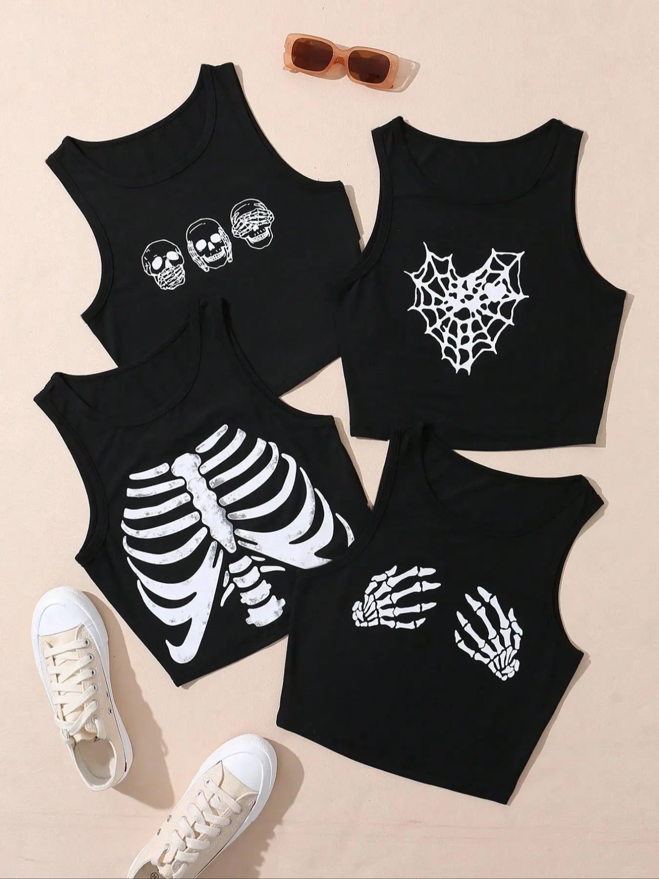 Women's Skeleton Print Crop Tank Top, Street Punk Fashion Casual Sleeveless Round Neck Cropped Top for Daily Vacation Holiday, Ladies Clothes for All Seasons, Halloween