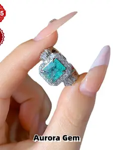 Silver Moissanite Women's Open Ring, Imitation Emerald Tourmaline Fashion Band, Elegant Adjustable Wedding Ring, Luxury Jewelry Gift for Wife, Girlfriend, Birthday, Anniversary, Daily Party & Holiday Wear, Moissanite Rings