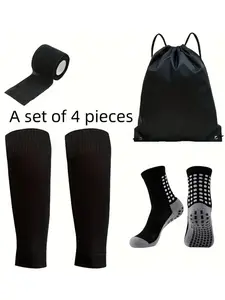 4-piece soccer gear set: sports socks, Sports Athletic Socks, soccer socks, Soccer Grip Socks, shin guards, bandages, drawstring bag, suitable for daily sports training, basketball, football, and various other scenarios