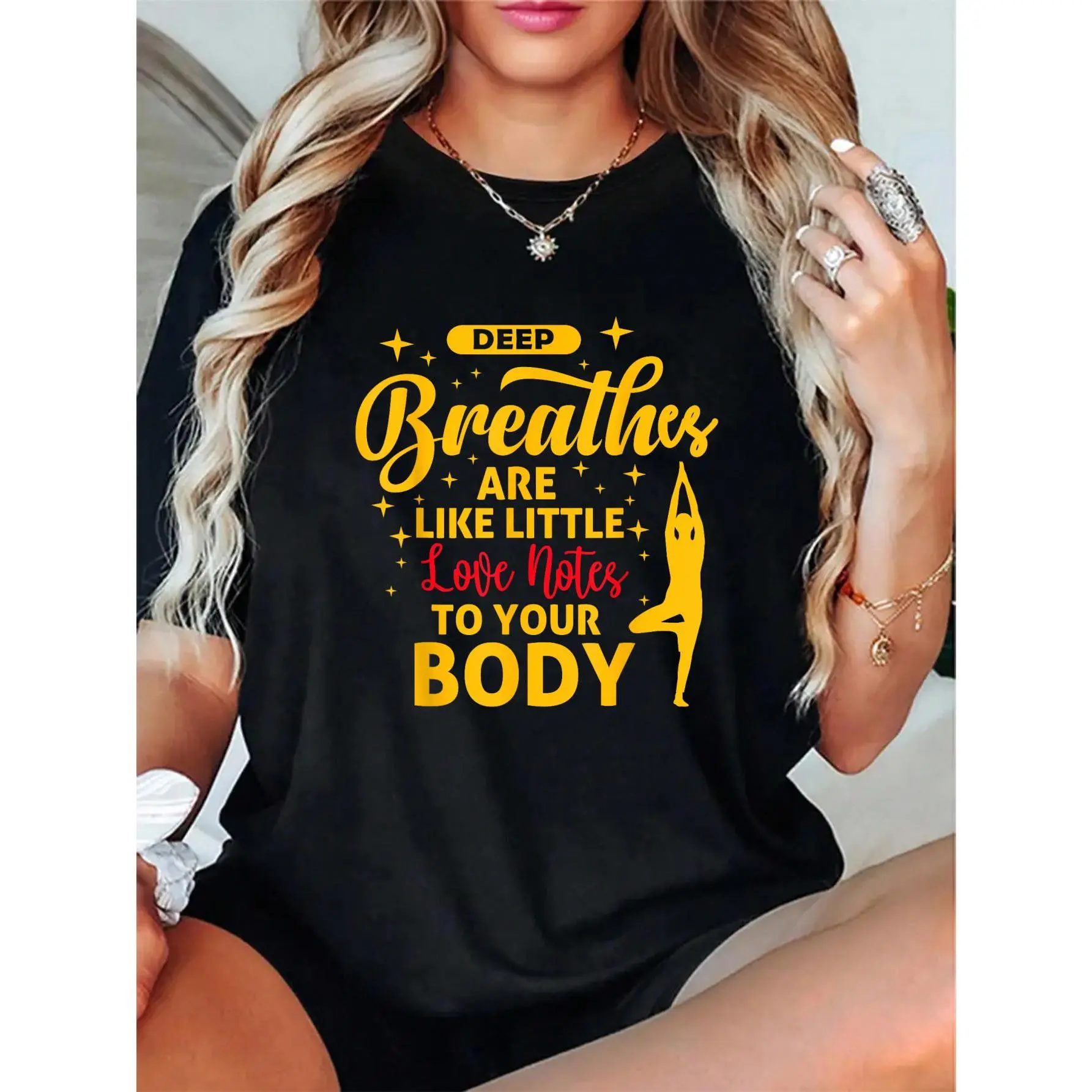 Women's 'Deep Breathes' Crew Neck Cotton T-Shirt - 100% Breathable Fabric, Short Sleeve, Relaxed Fit Casual Top for Yoga & Everyday Wear, Tshirt, Lady, Print, Style, Tee, Vibe