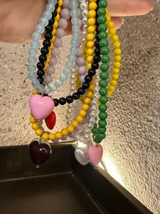 Elegant Women's Necklace with Glass Bead Pendant, Abs Plastic Heart Charm, Heart Design Necklace, Perfect Gift for Holidays & Daily Wear