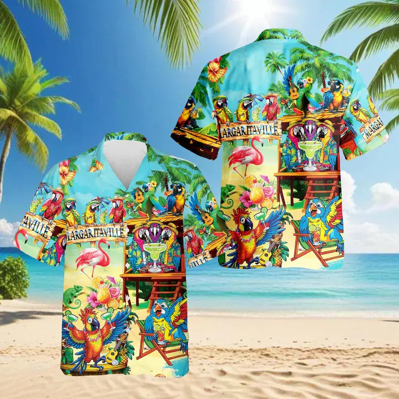 Hawaiian Shirt Tropical Parrot Margarita Bar Print, Vintage Aloha Button Down Flamingo Cocktail Shirt, Colorful Tiki Beach Vacation Party Gift for Summer Vacation #   TikTokMadeMeBuyIt #   MargaritavilleStyle #   TropicalParrotVibes #   BeachCocktailOutfi