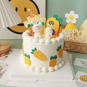 Cute Bunny Cake Decoration for Kids Birthday Party, Adorable Rabbit Carrot Cartoon Baby Birthday Insert Card Holder, Home Decor Mini Ornament