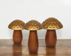 HomeRoots 574096 Brown & Gold Wood Mushroom Tabletop Sculptures - Set of 3