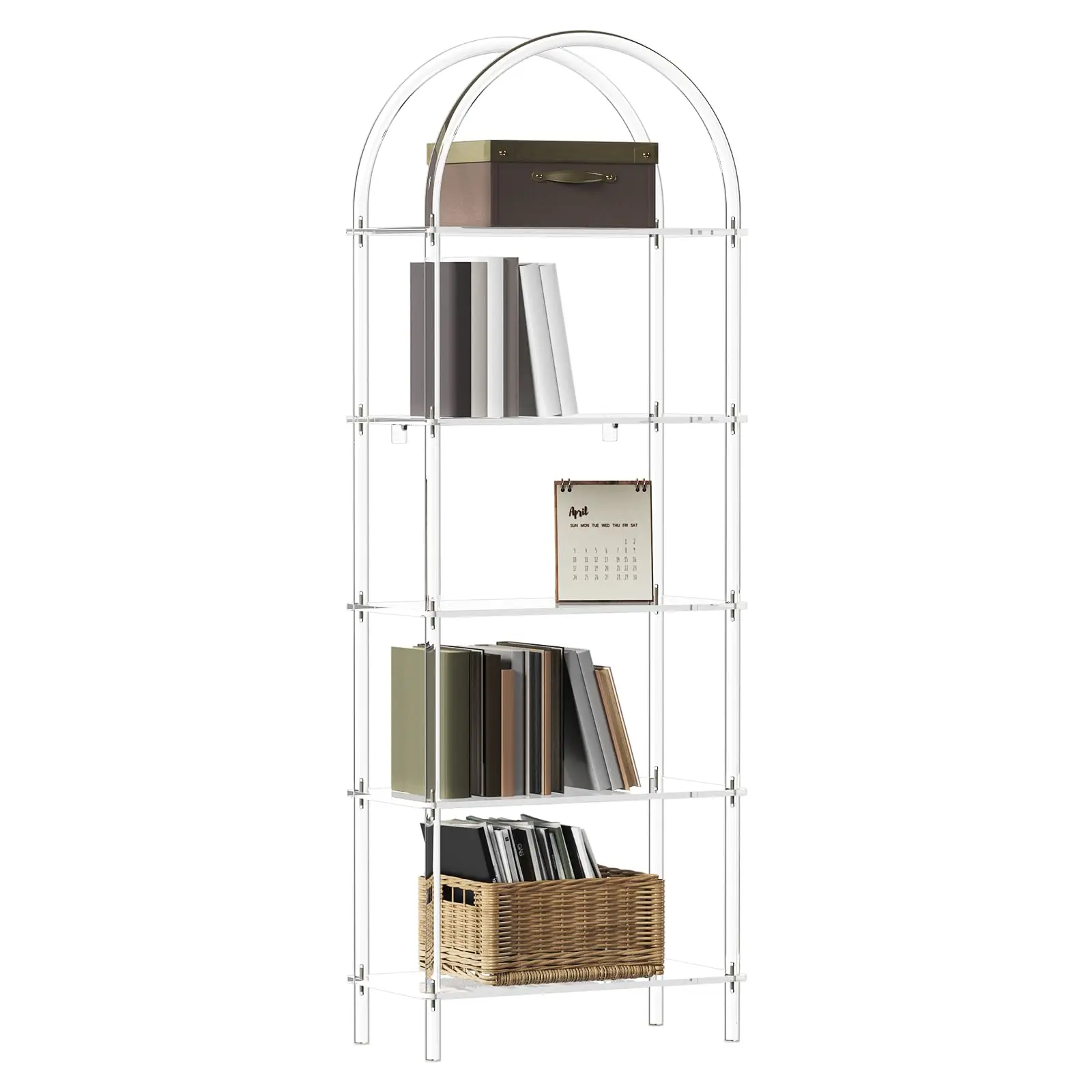 Acrylic Arched Bookshelf, 5-Tier Clear Bookcase, Modern Open Book Shelves for Home Office, Bedroom, Living Room, 11.8" D x 23.64" W x 65.7" H