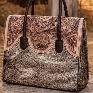 Cowhide & Tooled Leather Braided Handle Satchel
