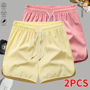 Set of 2 women’s casual athletic shorts: solid color, minimalist design, drawstring elastic waistband. Suitable for sports, fitness, outdoor activities, and travel. Women’s shorts, summer clothing.