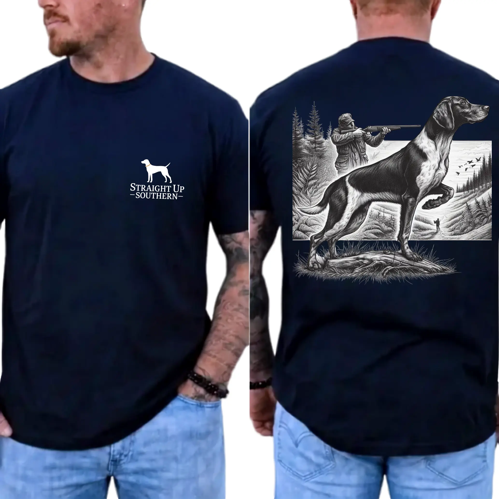 Straight Up Southern Hunting Dog Shirt, German Shorthaired Pointer Hunting Tee and Bird Hunting Dog T-Shirt, Upland Bird Hunter Gift, Hunter Back Print Tee | GHINI