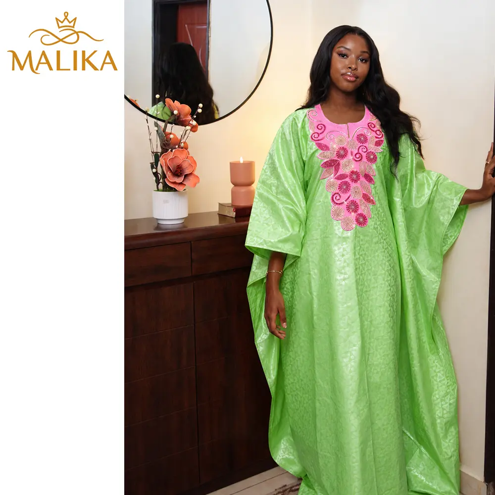 Green Boubou Bazin Riche Dress With Embroidered Stones Neckline Collar For African Nigerian Wedding &Graduation Long Sleeve