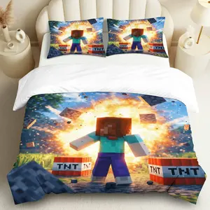 3PCS Duvet Cover Set, 1 Duvet+2 Pillowcases(Without filler), Pixel Explosion Adventure Game TNT theme, Halloween bedding set, Minecraft Bed  Suitable for decoration Bedroom, Dorm, Apartment, Game Room.