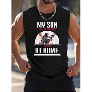 Vintage Men's Sleeveless Baseball Catcher Tank Top with Humorous Slogan My Son Will Be Waiting at Home Featuring Baseball Graphic Perfect for Training