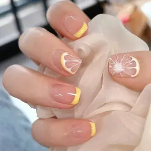 24Pcs Summer Lemon Short Ballet Nail Full Cover Artificial Fake Nails Wearing Reusable False Nails Ballerina Press on Nail Art