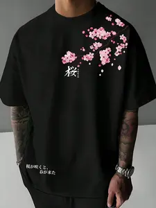 Men's Japanese Cherry Blossom Print T-Shirt, Soft Comfortable Casual Loose Fit, Perfect for Spring Summer Home or Outdoors