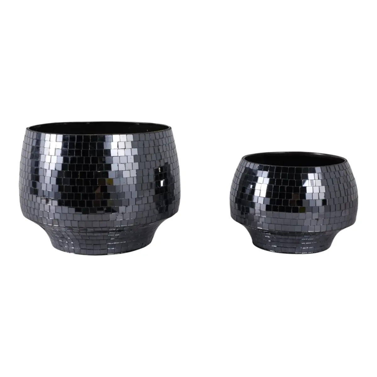 Sagebrook Home 20401-01 9-11 in. Curved Disco Mosaic Black Metal Modern Plant Pot Set of 2, Indoor Outdoor Planter, Metal Patio Planter, Plant Decor for Garden Accessories