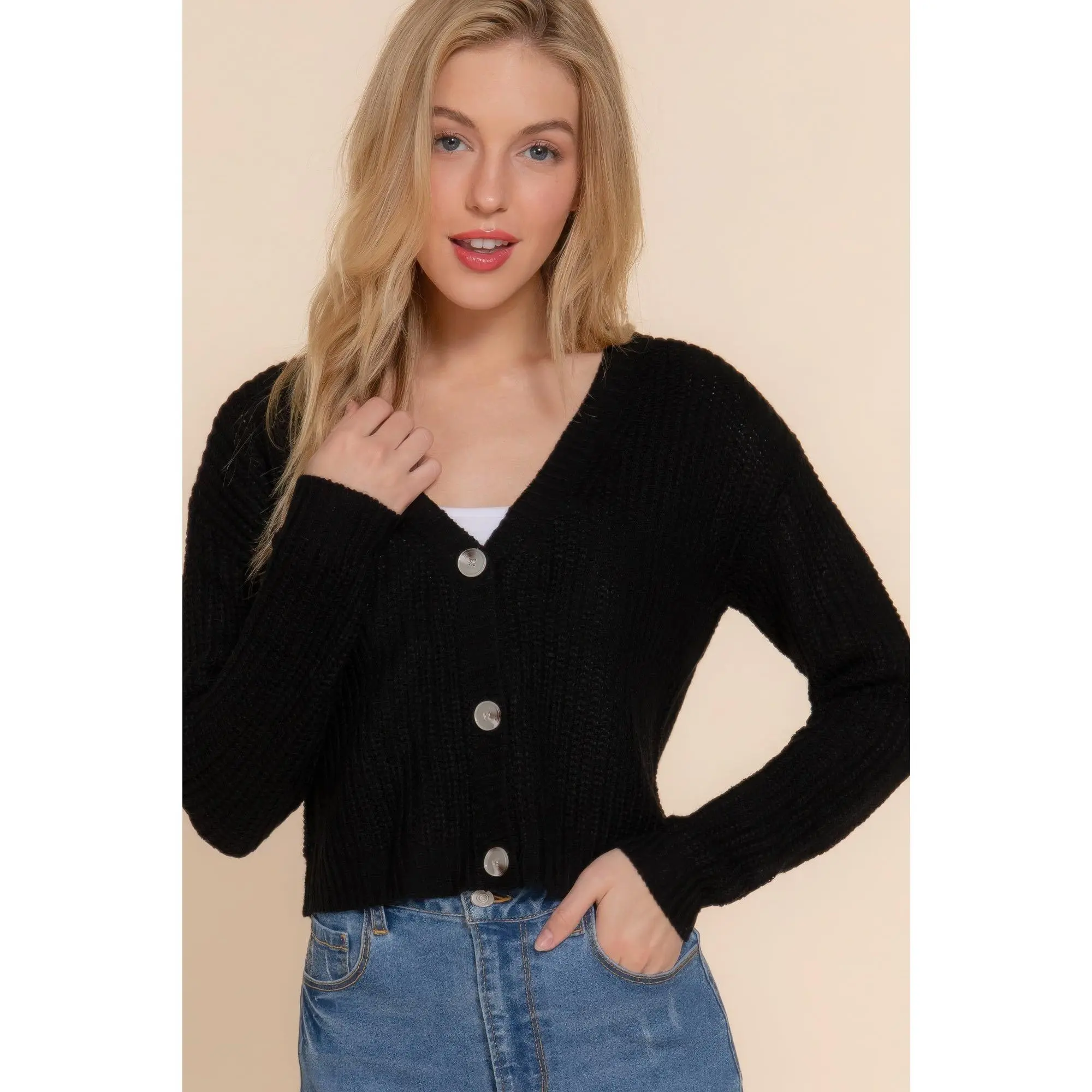 Long Sleeve V-Neck Sweater Cardigan - Classic Black, Soft 100% Acrylic, Fitted & Versatile for Winter Layering