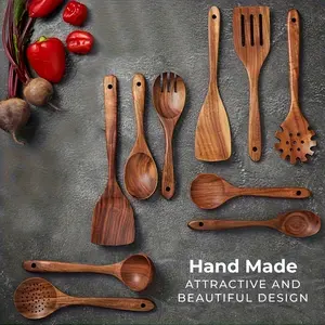 10/12pcs of Non-Stick Cookware Set with Wooden Kitchen Utensils, Heat Resistant Up to 450 ° F, Including Pans, Spatulas, And Slotted Wooden Spoons. A Stylish And Durable Wooden Utility Set for Cooking, Baking, Serving, And Both Casual And Formal Meals