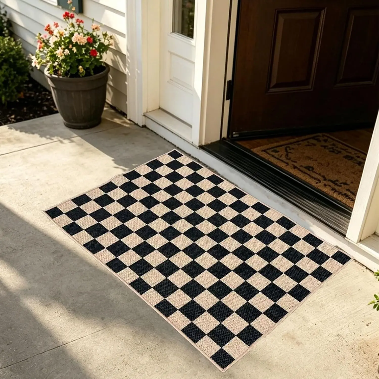 Easy Jute Checkered Indoor Door Mat, 2x3ft Entryway Area Rug, Farmhouse Neutral Kitchen Rug Runner, Non Slip Washable Floor Mat for Front Porch Bathroom Kitchen Bedroom