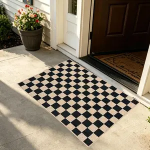 Easy Jute Checkered Indoor Door Mat, 2x3ft Entryway Area Rug, Farmhouse Neutral Kitchen Rug Runner, Non Slip Washable Floor Mat for Front Porch Bathroom Kitchen Bedroom