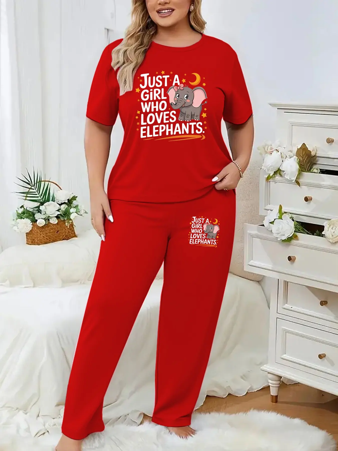 Women's Casual Cartoon Elephant Letter Print Two-Piece Set, Fitted Short Sleeve Top & Wide Leg Pants, All Seasons Fashion