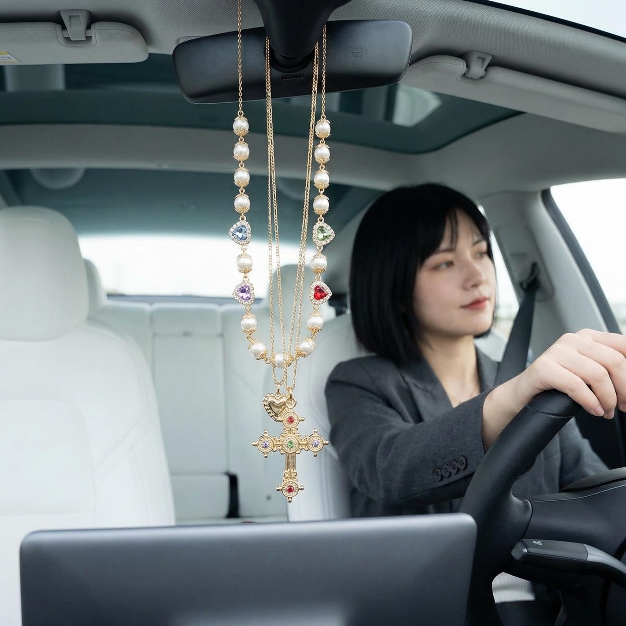 4Pcs Universal Car Interior Hanging Decor | Retro Gold Baroque Cross & Pearl Charm | Gothic Mirror Jewelry Accessory | Perfect Creative Gift for Her Interior Solar Powered Winter Windshield Defroster Adjustable High-Powered Dual Motor Off-Road Scooter