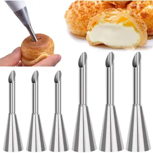 6 count Cream Icing Piping Nozzle Tip Stainless Steel Long Cream Puff Piping Tips Cake Decorating Tools Multipurpose Pastry Piping for Small Pastries Puffs Cupcakes Filling Donuts Other Pastries