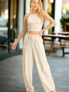 Oatmeal Crop Top and Cargo Pants Set - Outfit Sets Women