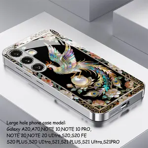 Colorful Phoenix Floral Decor Electroplated Glass Protective Phone Case Cover for Samsung S26-S20, Note20-10, a Series, Anti-Dirt, Fashionable, Trendy