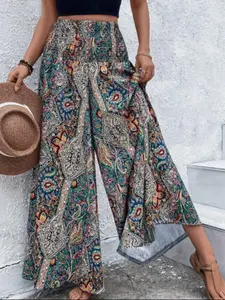 Women's Boho Bohemian Floral Paisley Printed Wide Leg Pants, Loose Fit Ruched Design, Full Body Print, Casual Fashion for Daily Wear