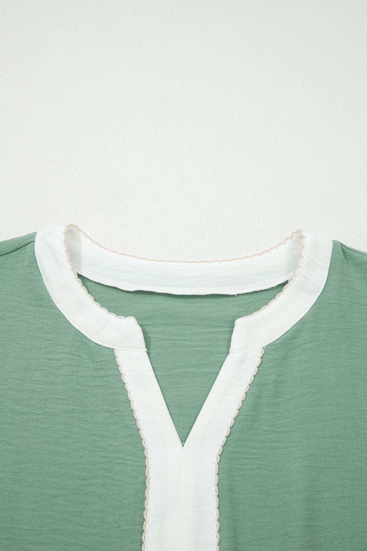 Women's Smoke Green Color Block Patchwork V-Neck Embroidered Puff Sleeve Babydoll Blouse, Casual Everyday Flowy Summer Tops for Women, Cute Preppy Peplum Shirts, Chic Boho Embroidered Blouses, Romantic Aesthetic Apparel