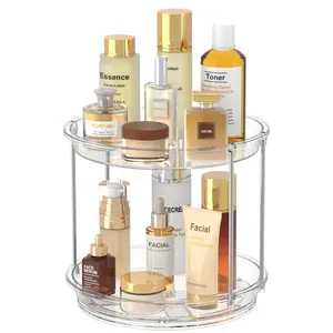 360 Rotating Makeup Organizer, 2 Tier 9.25" Clear Acrylic Lazy Susan, Non-Skid Turntable Organizer for Cabinet, Vanity Makeup, Kitchen, Pantry Organization Storage, Refrigerator, Bathroom Countertop