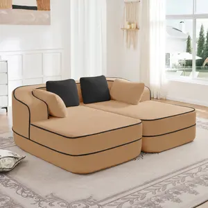 Camel 77.2' Teddy Fabric Boneless Sectional Sofa with Double Chaises, 32D Sponge, High Elasticity, Curved Arms, Contrast Colors, No Assembly, Fluffy Comfy Sleeper Sofa with Symmetrical Aesthetics for Living Room