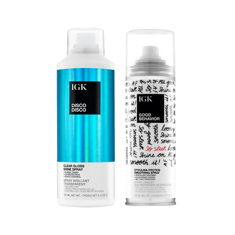 IGK GLASS HAIR DUO BUNDLE | Disco Disco Shine Spray + Good Behavior Smoothing Spray | Frizz Control + Heat Protection + UV Protection | 296ml | 10 oz