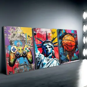 Graffiti Style Game Controller & Statue of Liberty Pattern Canvas Painting, Creative Wall Art Poster, Wall Art Decor for Home Living Room Bedroom Office, Ornaments