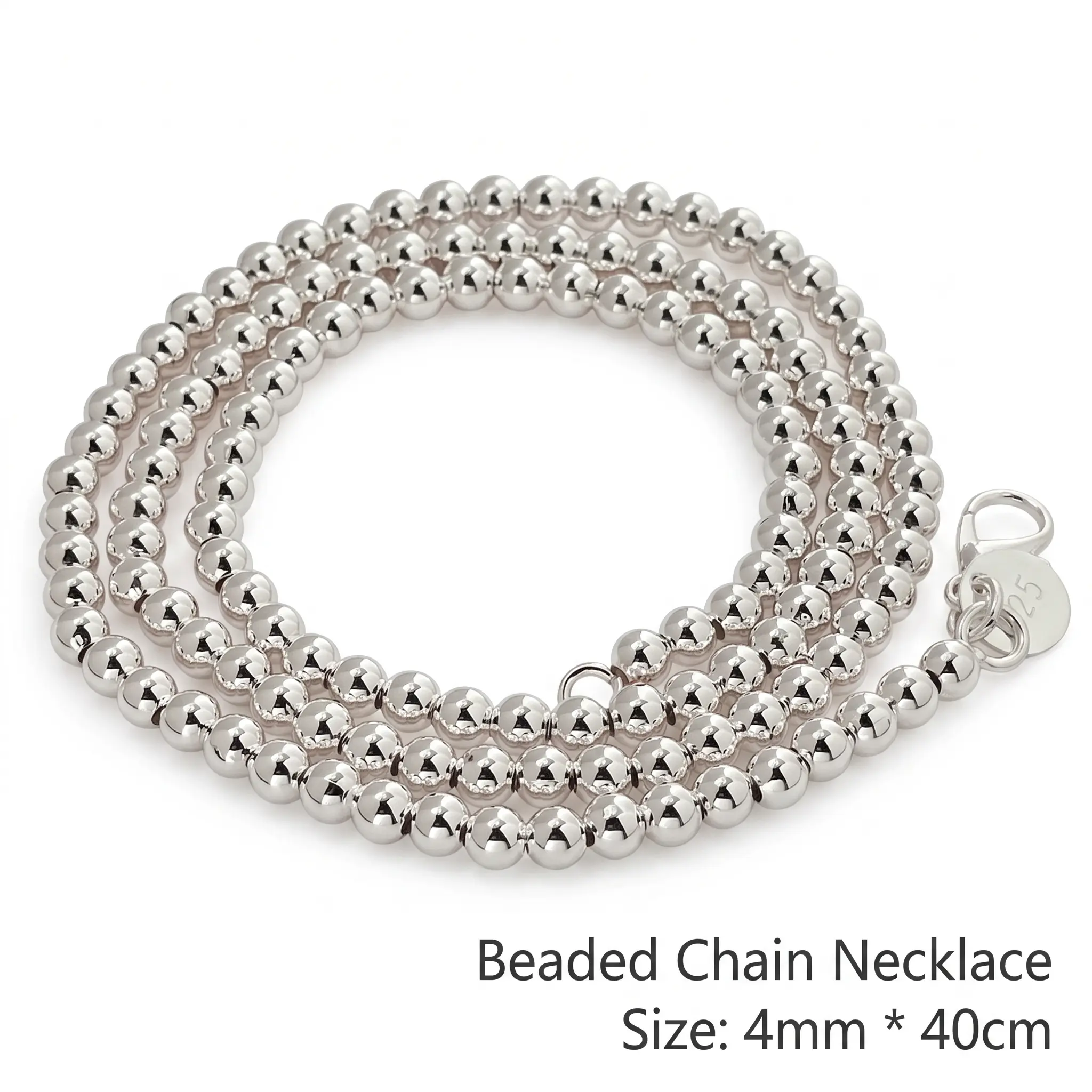 Beaded Chain Necklace 4mm Beads 40cm Length Elegant Silver Tone Jewelry Accessory for Women