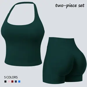 Jetjoy Sets for Women 2 Piece, Workout Sets for Women 2 Piece Gym Outfits Seamless Longline Halter Backless Crop Top Scrunch Bum Shorts athleisure Fitness & Casual Wear Yoga Outfits Gym Tracksuit summeroutfit